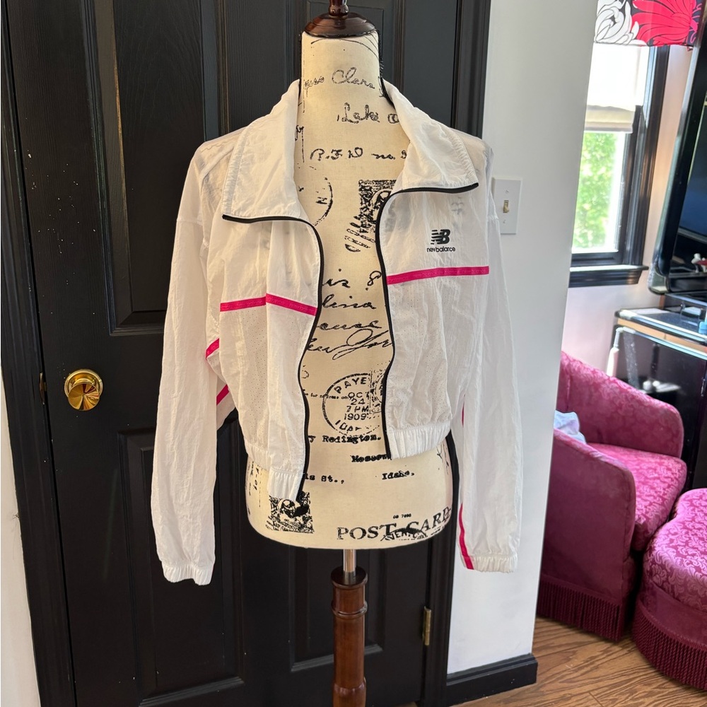 New Balance Women's Bomber Jacket in White with Pink Stripes